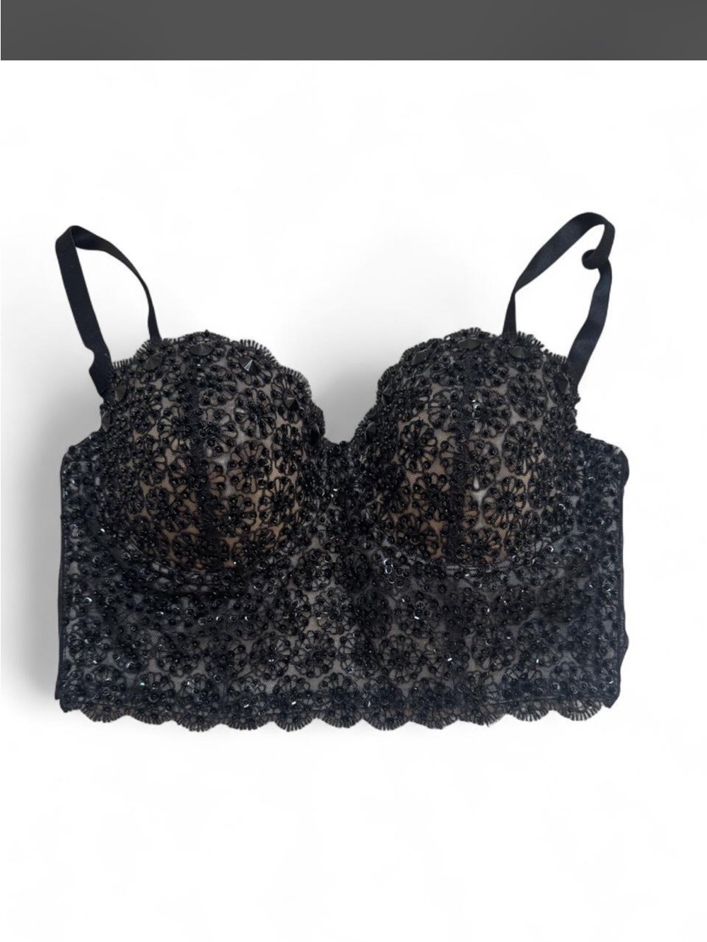 bebe Black Embellished Lace Longline Bra Top